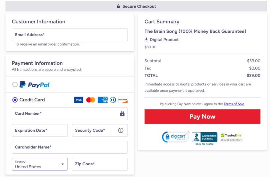 Secure checkout for The Brain Song – safe online payment protected by ClickBank.
